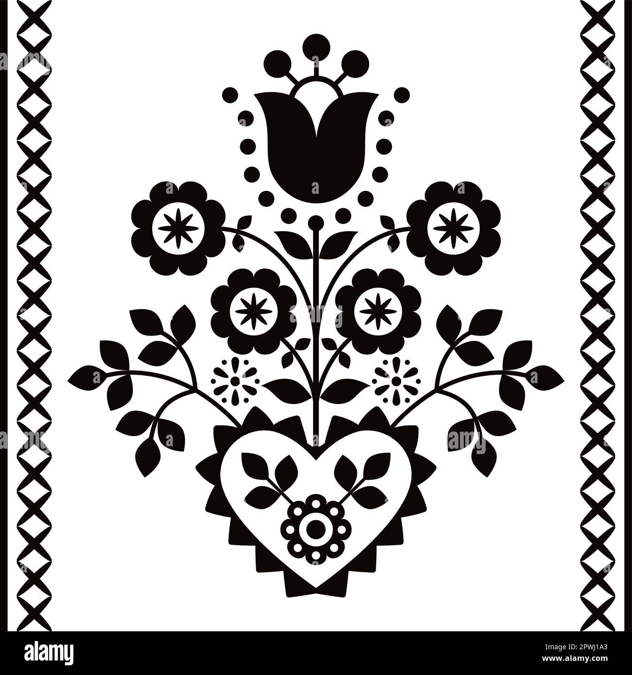 Polish Floral folk art vector black and white design from Nowy Sacz in Poland inspired by traditional highlanders embroidery Lachy Sadeckie Stock Vector
