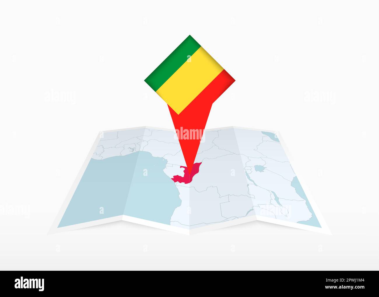 Congo is depicted on a folded paper map and pinned location marker with flag of Congo. Folded vector map. Stock Vector