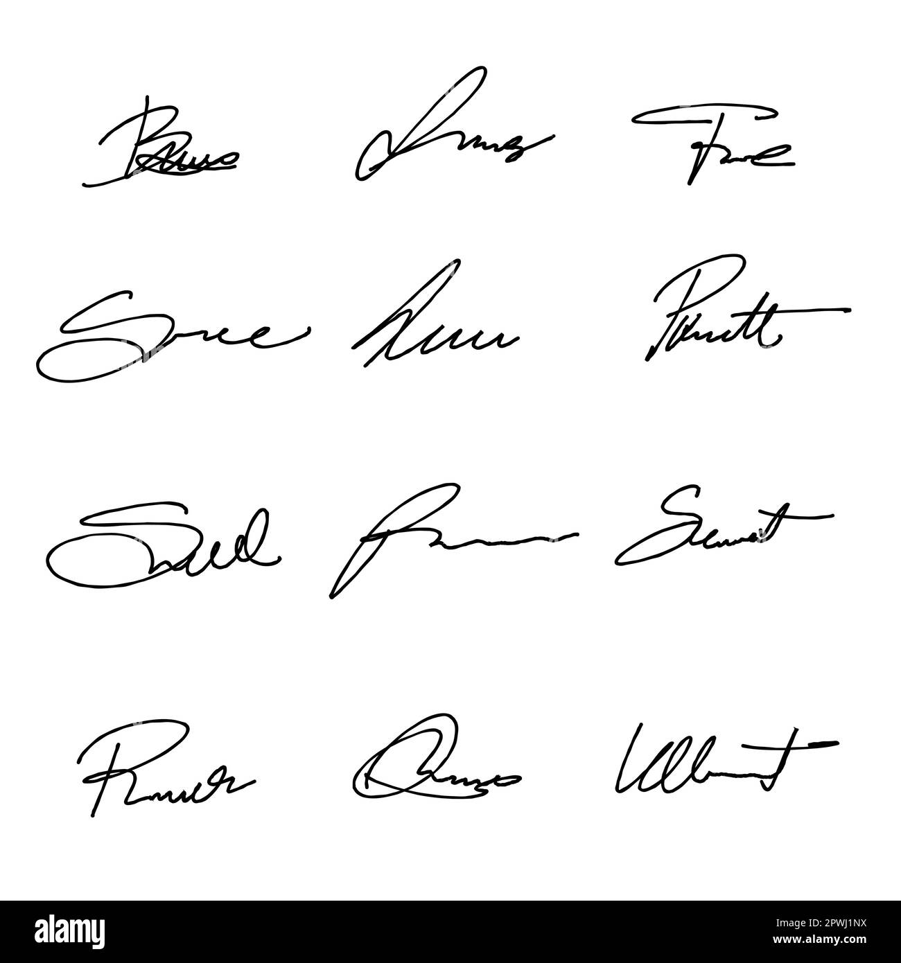 Handwriting signature set. Vector pack with isolated imaginary personal handwriting scribble signatures. Stock Vector