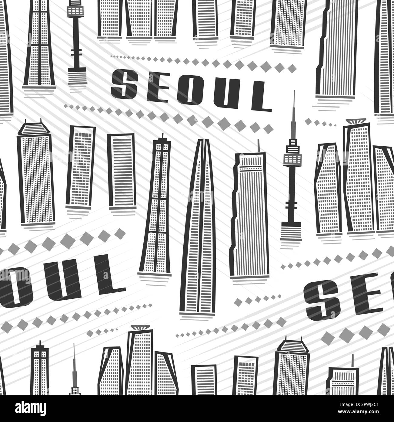 Vector Seoul Seamless Pattern, repeating background with illustration of famous asian seoul city scape on white background for wrapping paper, monochr Stock Vector