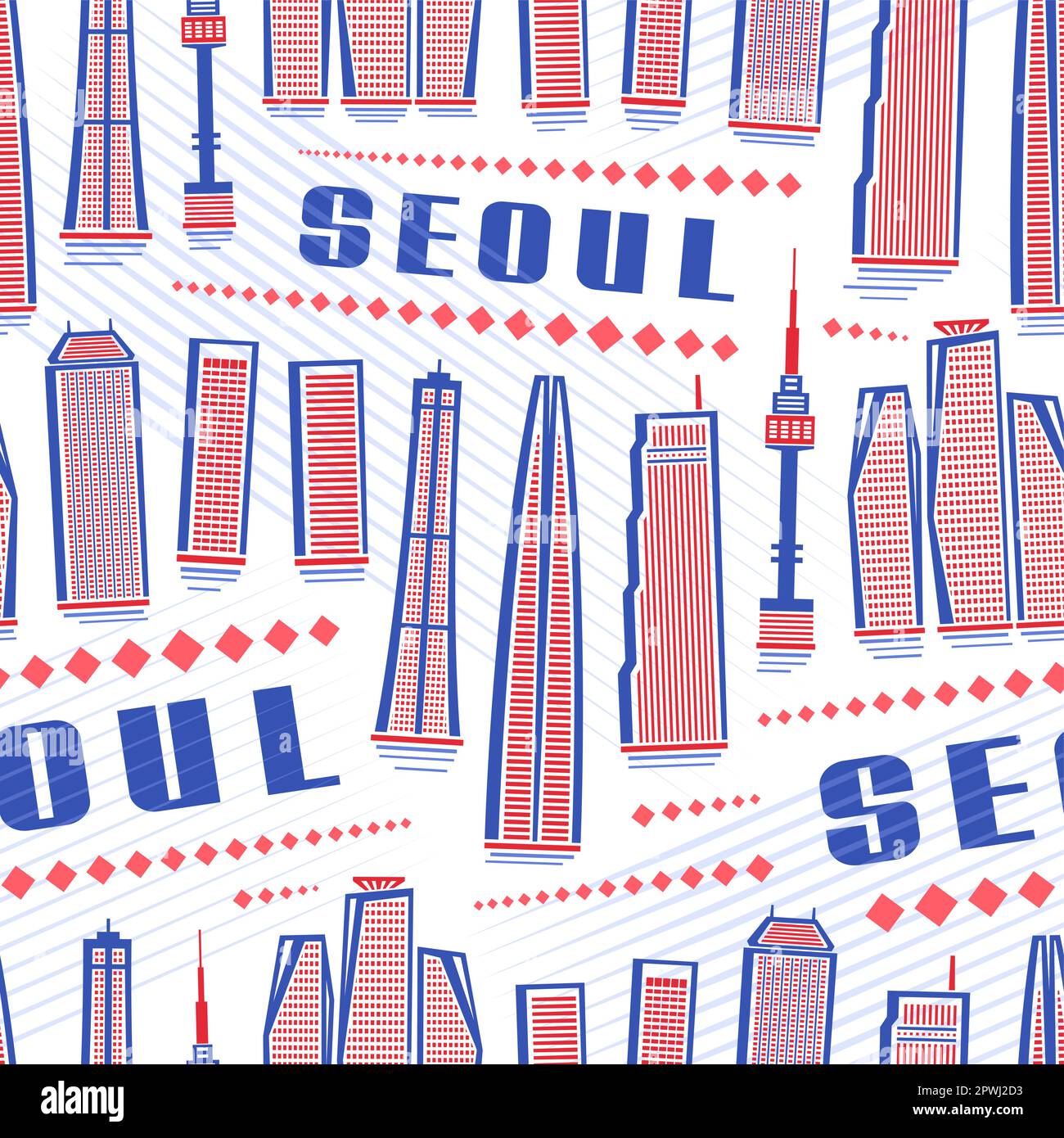 Vector Seoul Seamless Pattern, square repeating background with illustration of famous seoul city scape on white background for wrapping paper, decora Stock Vector