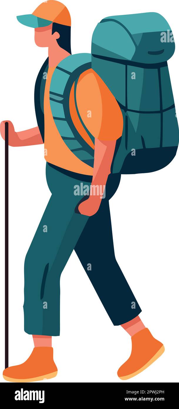 One person hiking with backpack in nature Stock Vector