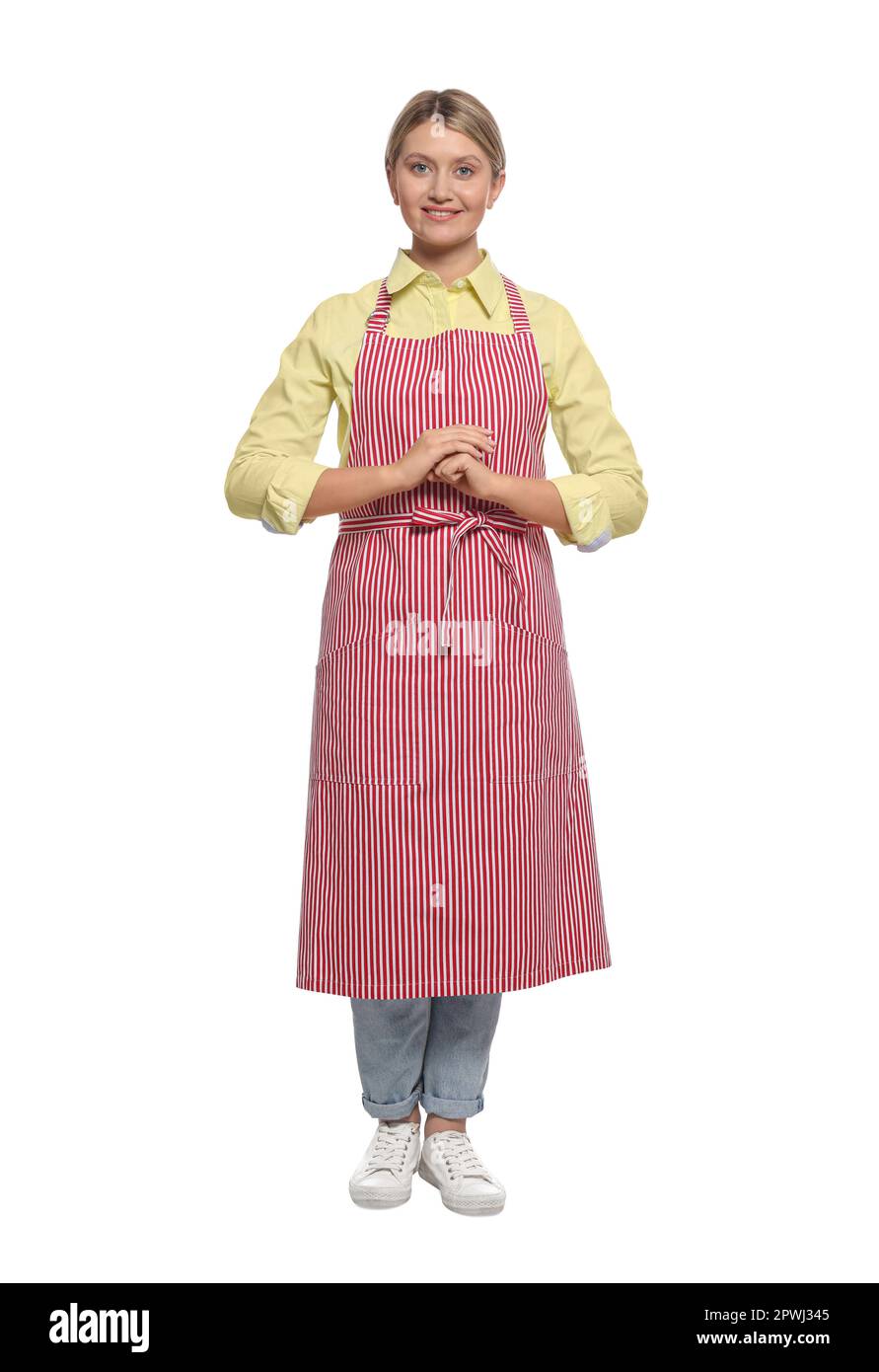 Beautiful young woman in clean striped apron on white background Stock ...