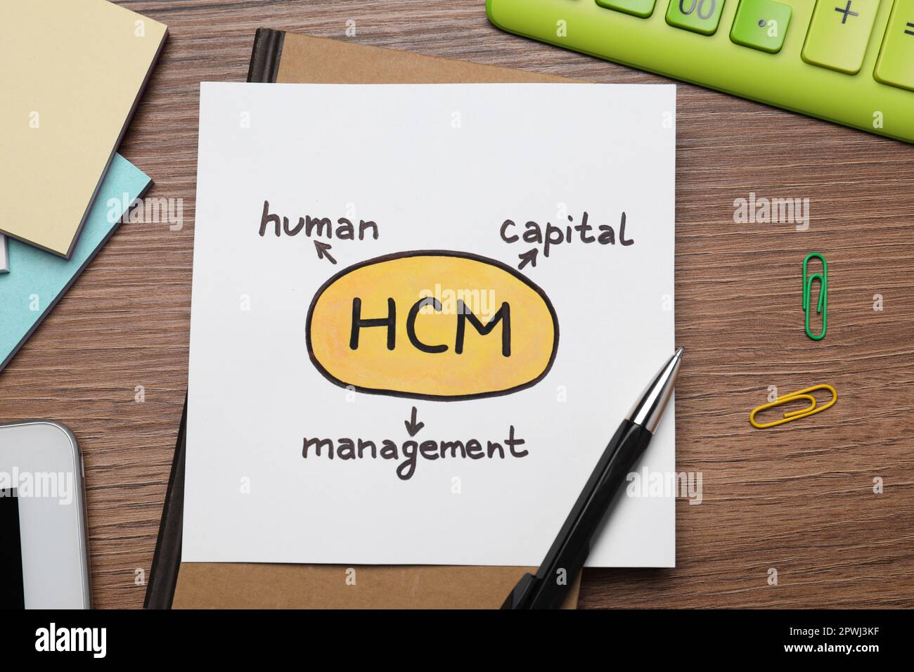 Paper with HCM abbreviation on wooden office table, flat lay. Human