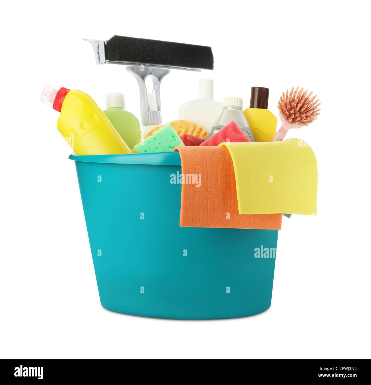 Light blue plastic bucket with cleaning supplies and tools isolated on ...