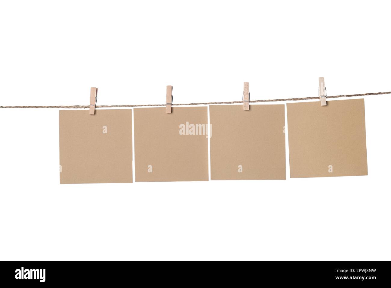Clothespins with empty notepapers on string against white background. Space for text Stock Photo