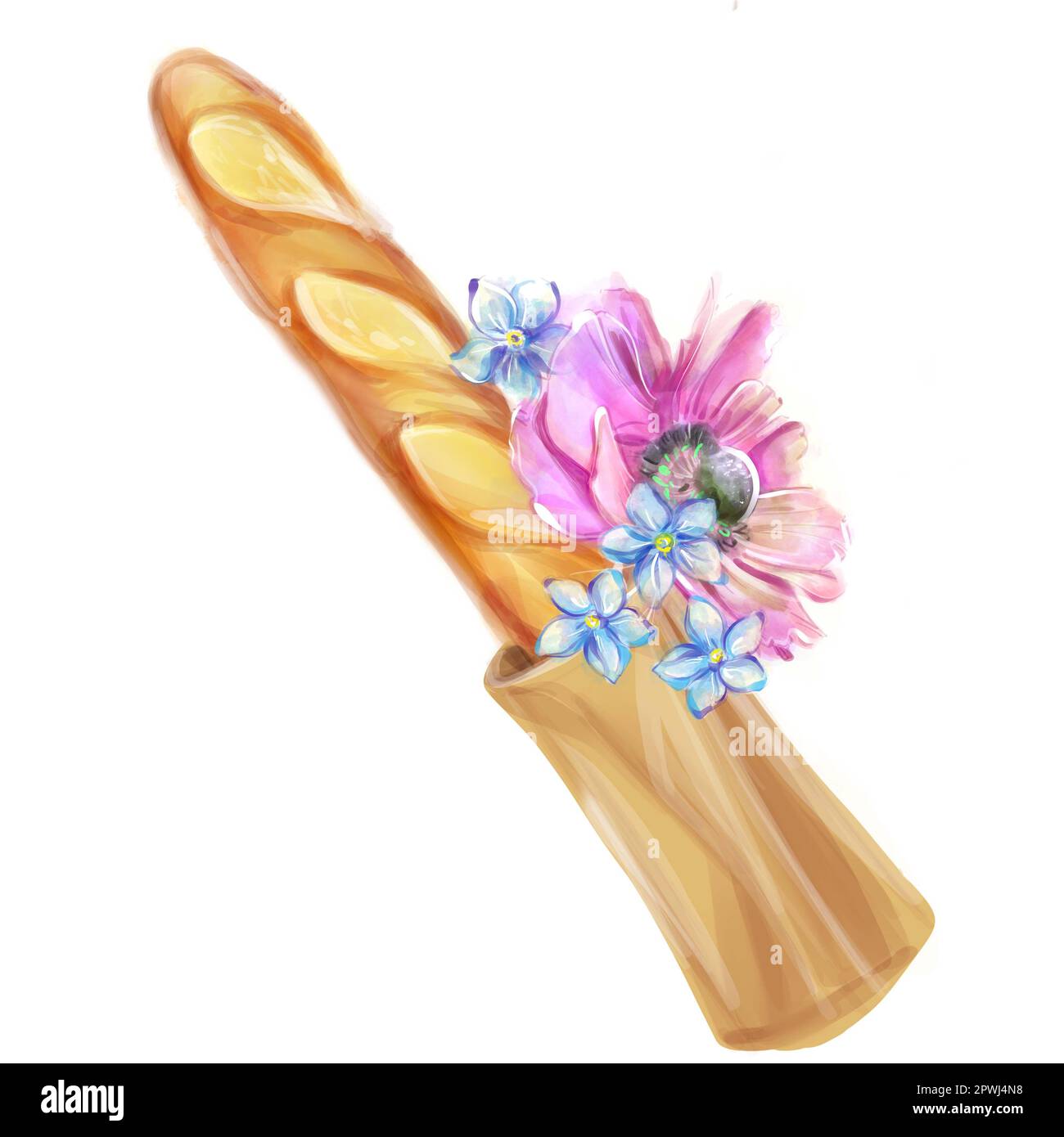 French baguette with watercolor flowers, baking, breakfast. Bag of