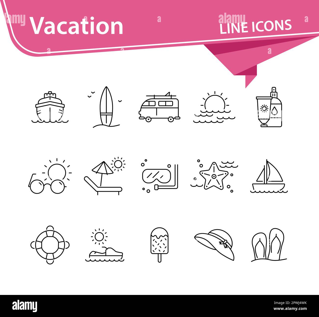 Vacation line icon set. Scuba diving, flip flops Stock Vector