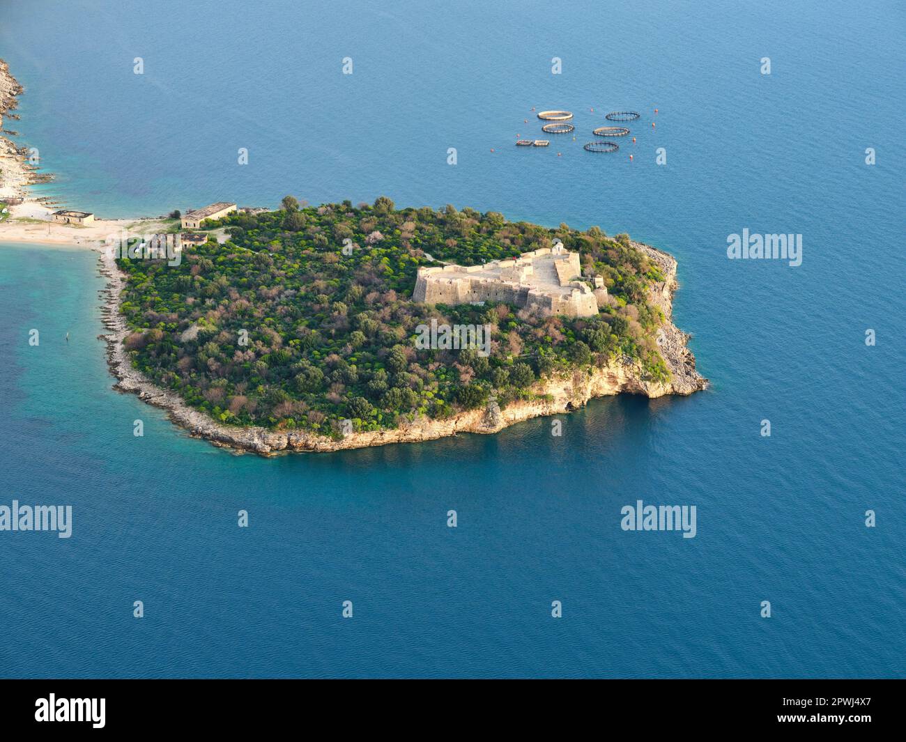 AERIAL VIEW. Porto Palermo Castle. Vlorë County, Albania. Stock Photo