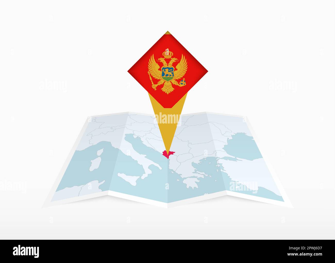 Montenegro is depicted on a folded paper map and pinned location marker with flag of Montenegro. Folded vector map. Stock Vector