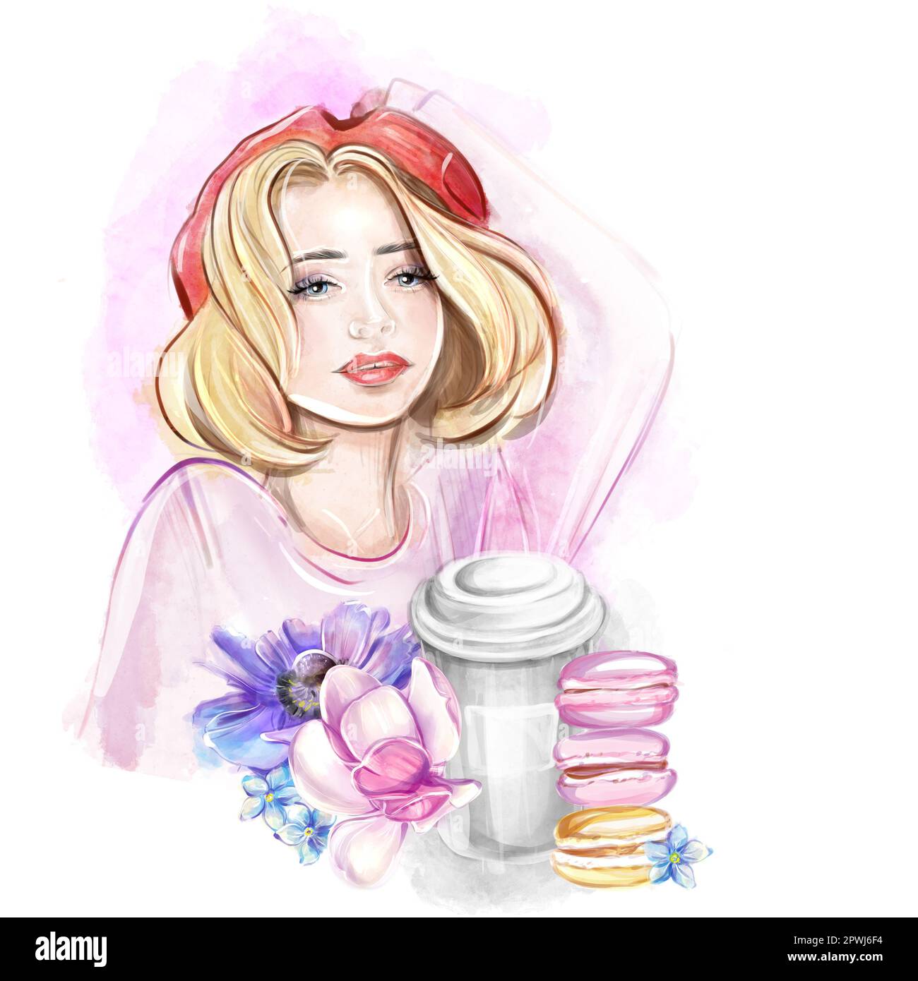 Watercolor illustration of a blonde woman in a red beret with coffee and macarons. French breakfast, bakery. Romantic trip to France, clipart for bann Stock Photo