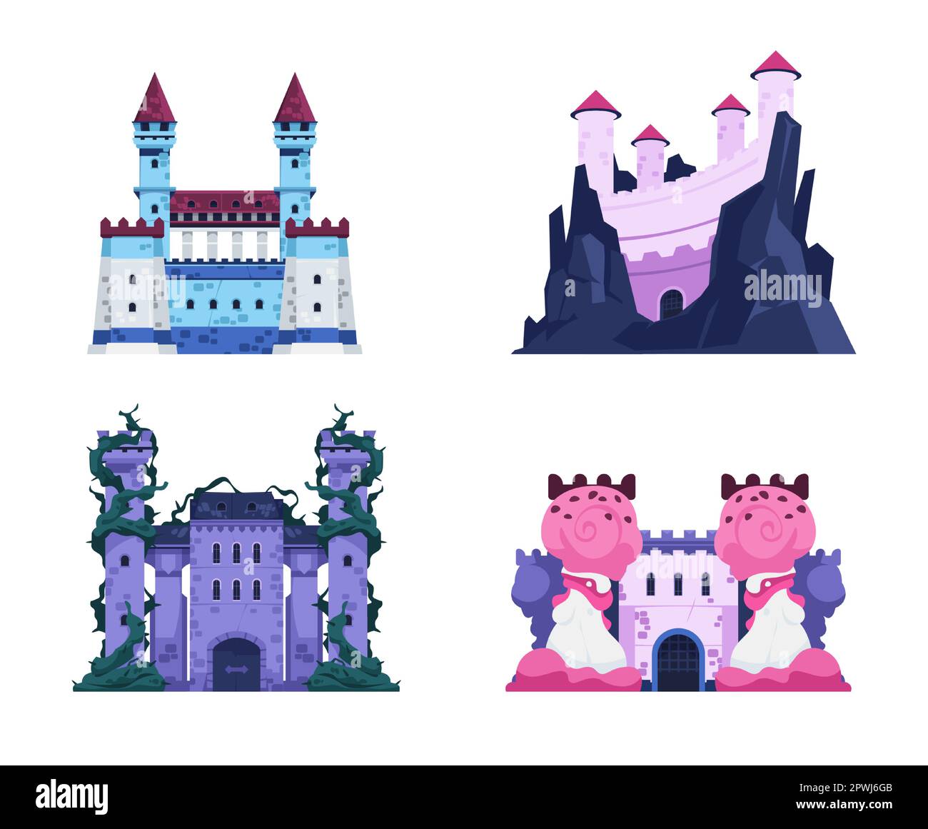 Fairytale castles. Cartoon medieval historic fortress with towers, stone walls and wooden gate, old kingdom palace. Vector castle medieval, fortress f Stock Vector