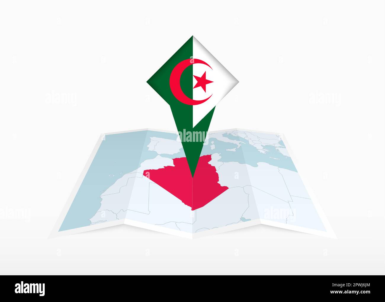 Algeria is depicted on a folded paper map and pinned location marker with flag of Algeria. Folded vector map. Stock Vector