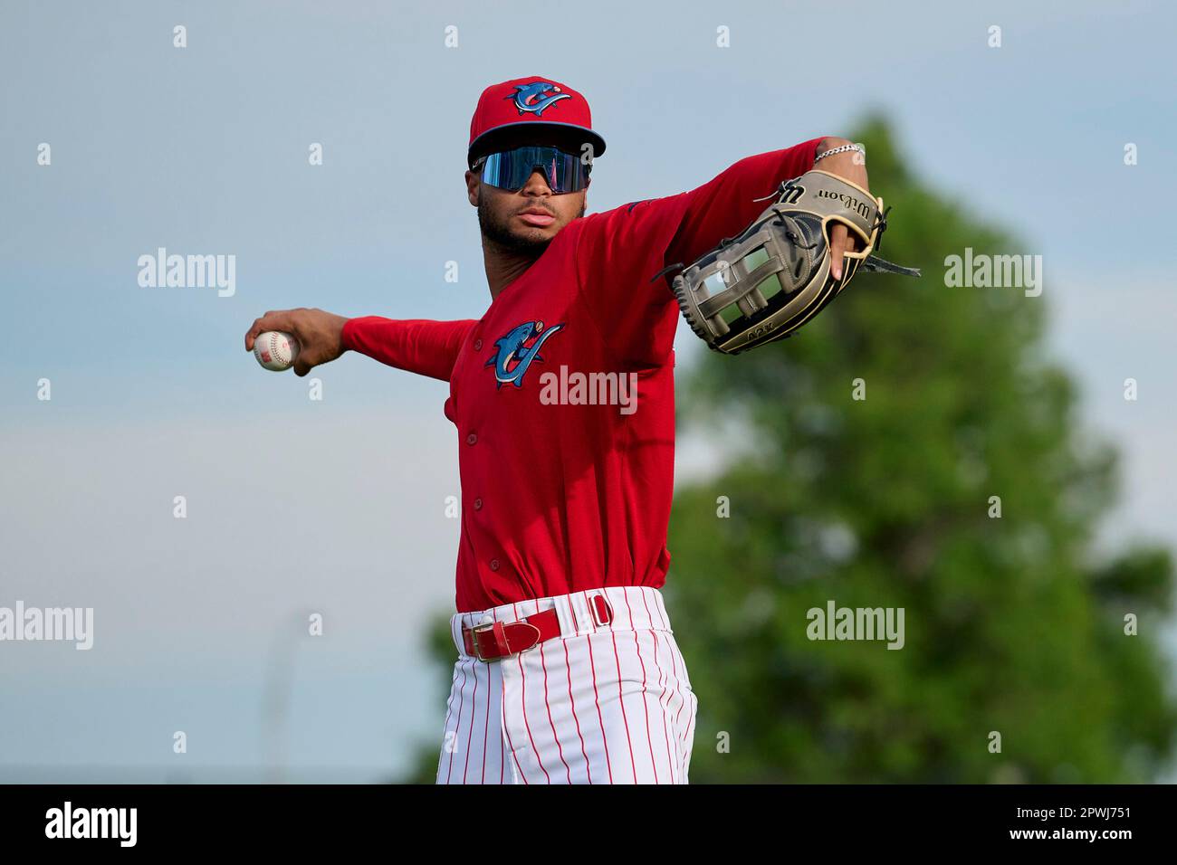 Clearwater Threshers outfielder Justin Crawford (13) during warmups before  an MiLB Florida State League baseball game against the Fort Myers Mighty  Mussels on April 14, 2023 at BayCare Ballpark in Clearwater, Florida. (