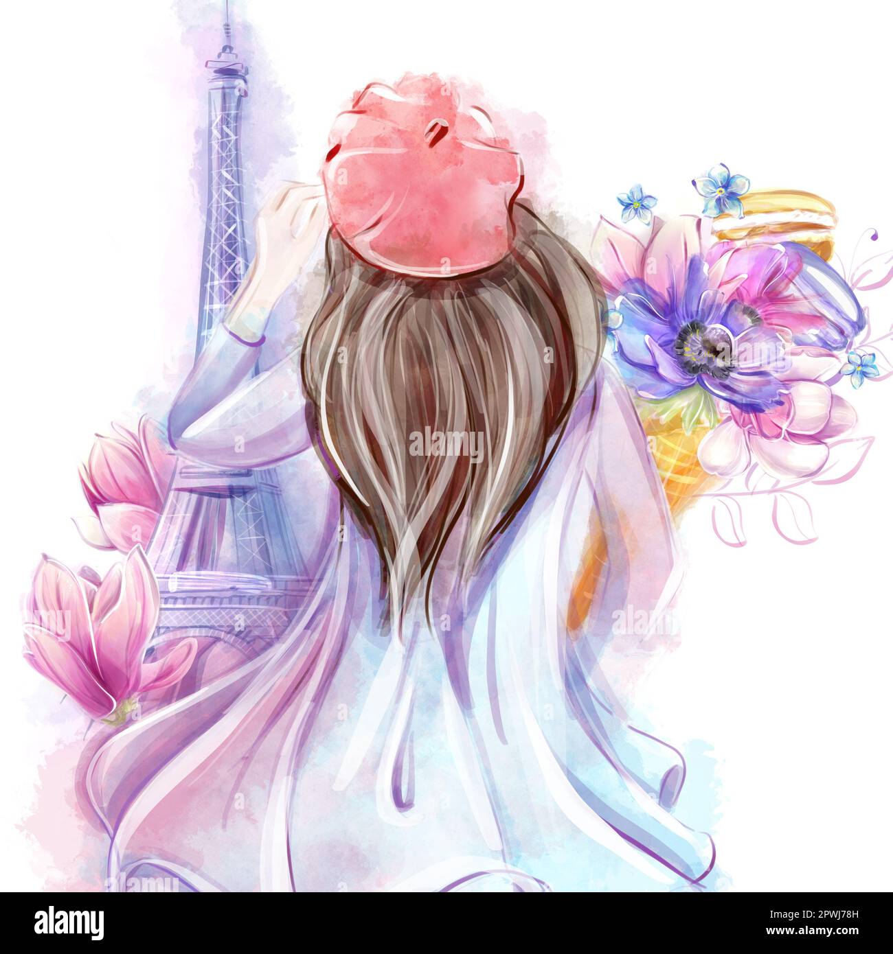 Girl with a bouquet of spring flowers in front of the Eiffel Tower. Romance of Paris, travel, clipart. To create a design for a poster, postcard, bann Stock Photo