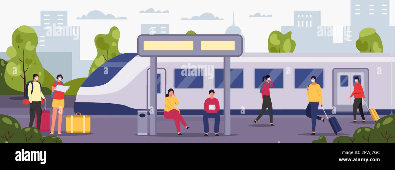 People at station. Female and male characters with luggage waiting for