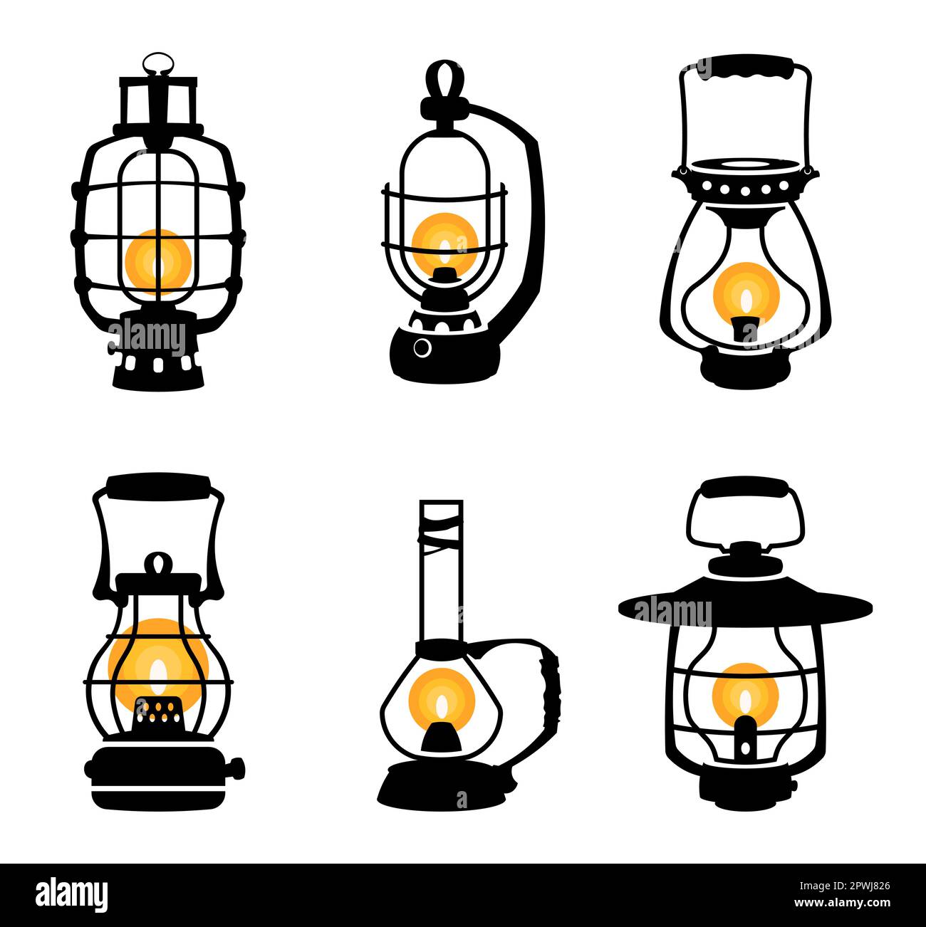 Lantern silhouette. Vintage black oil kerosene gas lamps, monochrome