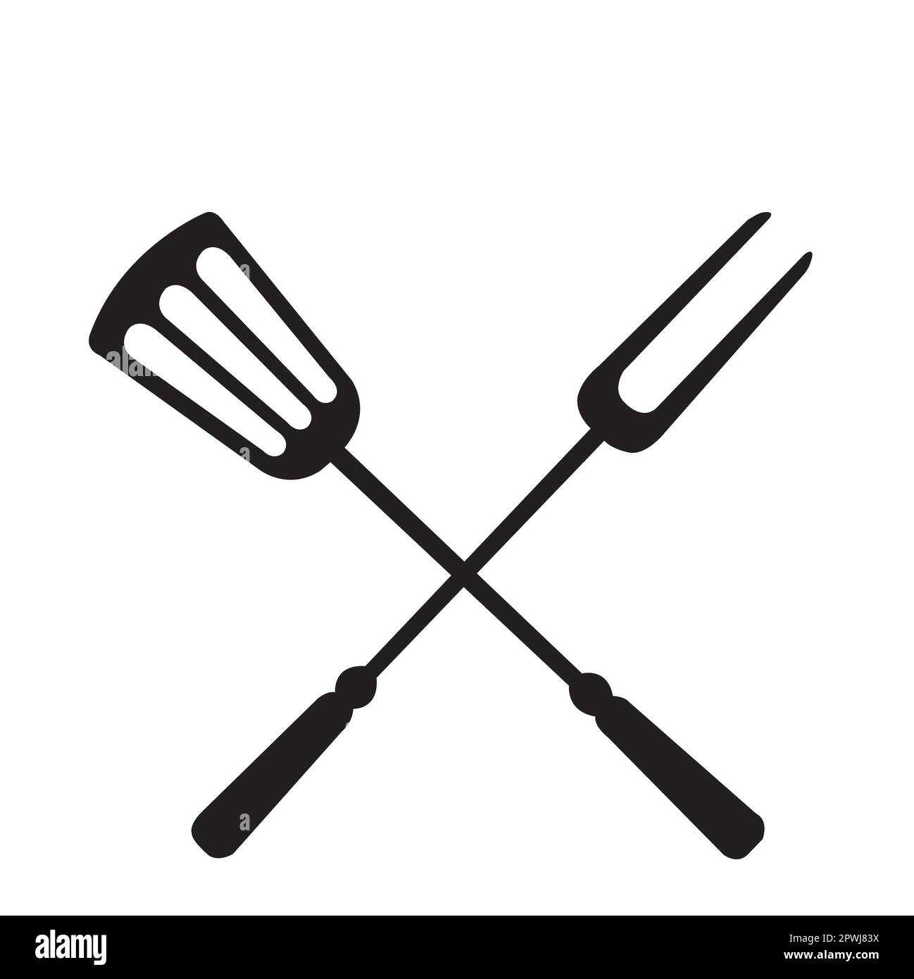 Black spatula and fork on a white background with copy space Stock