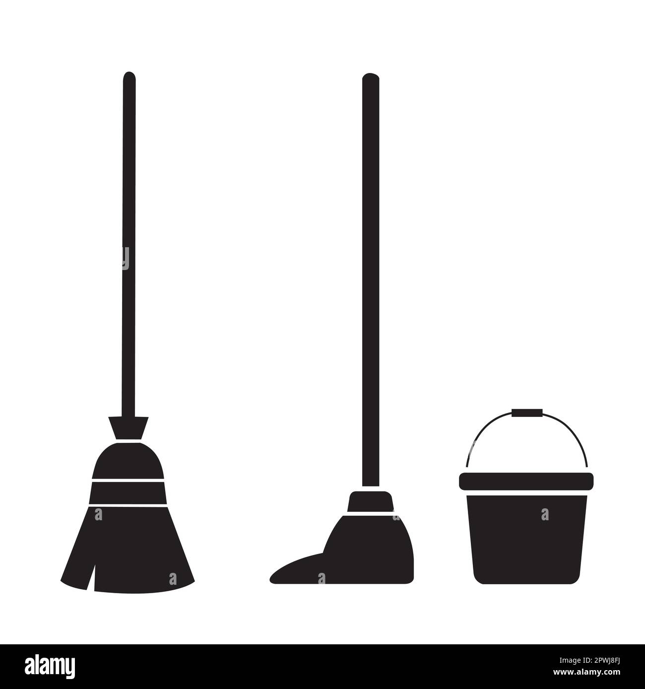 A broom, a mop and a bucket on a white background with copy space Stock