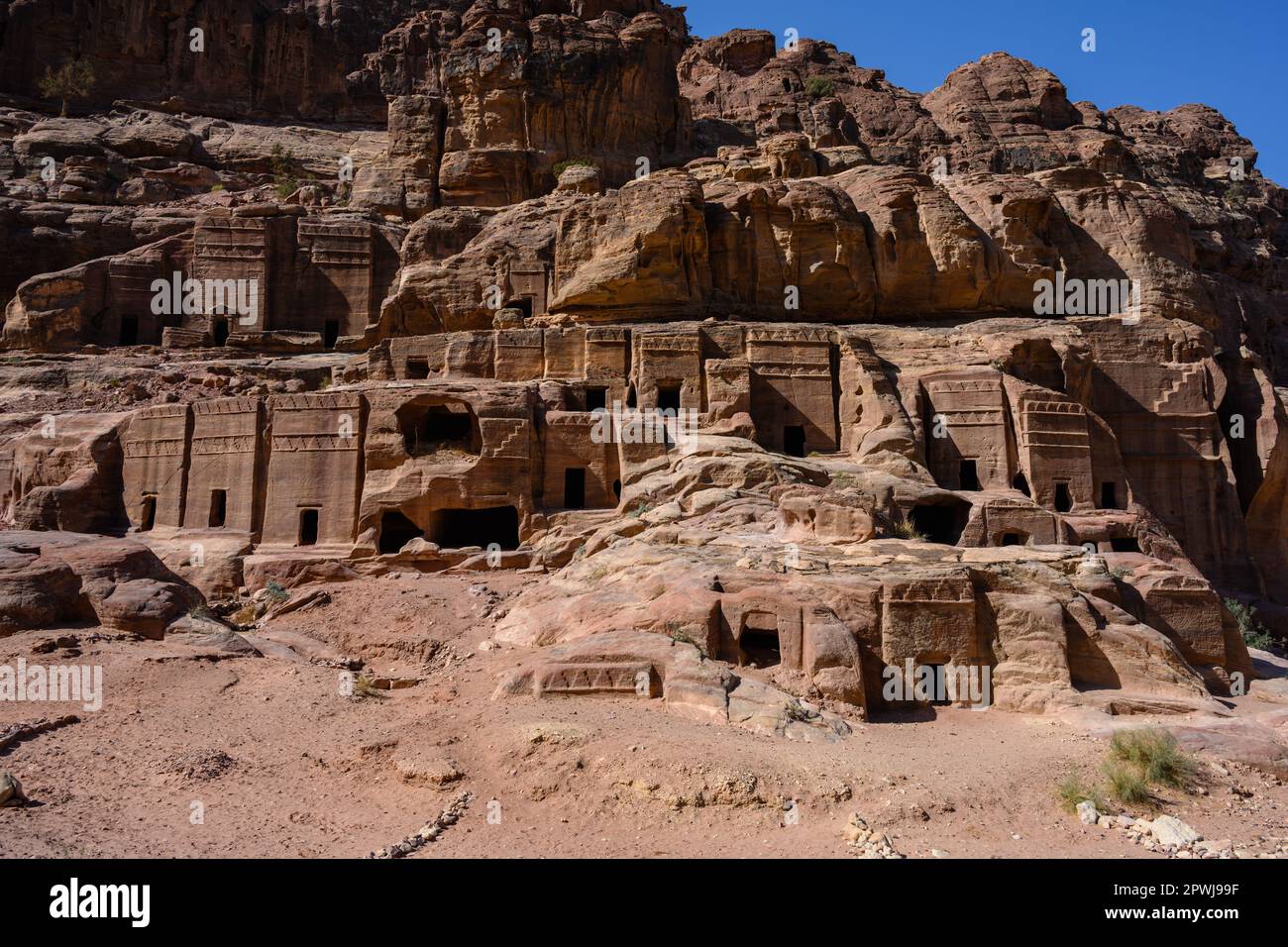 Petra Street of Facades Rock Cut Nabataean Tombs Exterior in Jordan Stock Photo