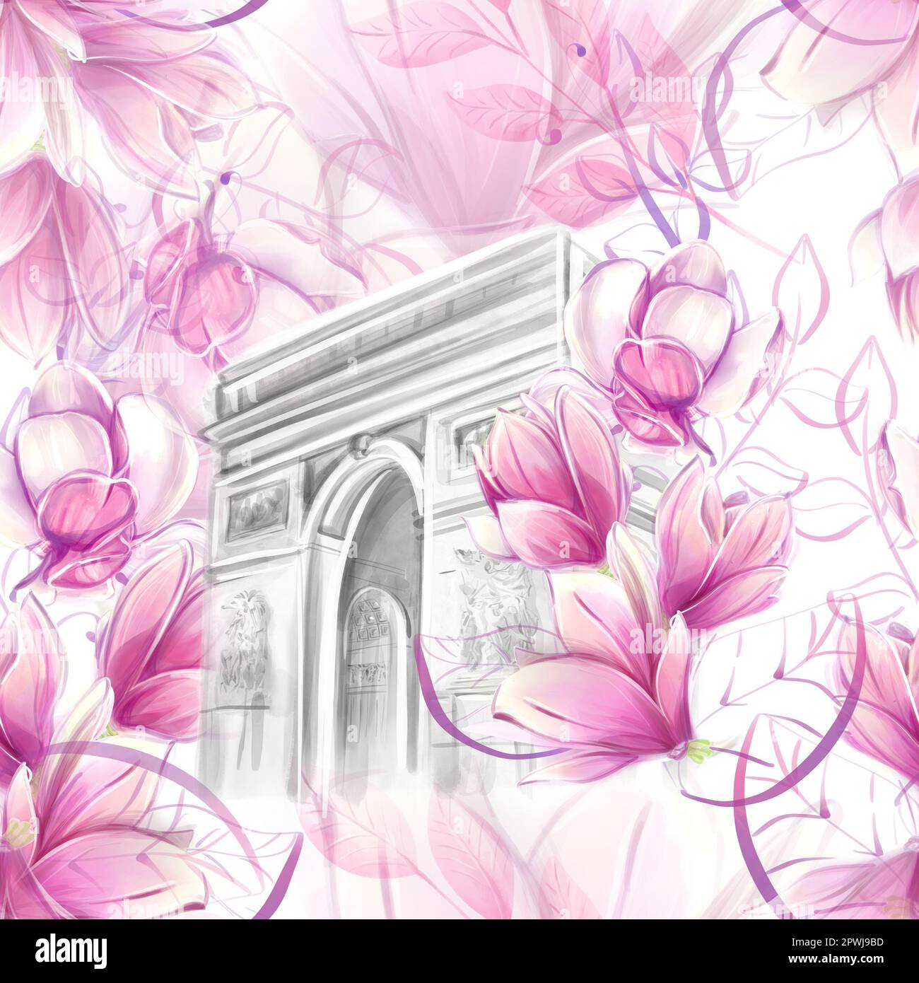 Seamless pattern with magnolias and french architecture, landmarks. Romantic floral spring pattern. Travel to France. Ideal for textile, industrial, s Stock Photo