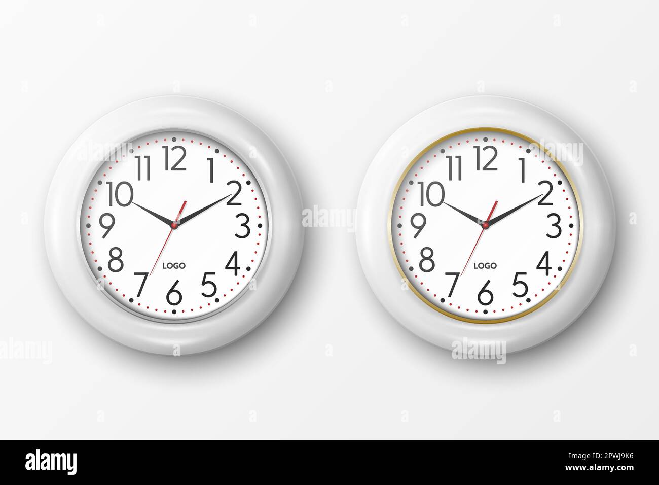 Vector 3d Realistic Round White Wall Office Clock Icon Set Closeup ...
