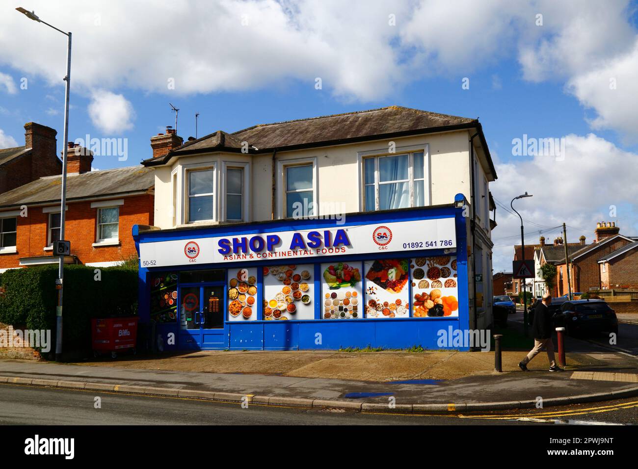 Asian and continental foods shop on corner of London and Springfield Roads, High Street, Southborough, Kent Stock Photo
