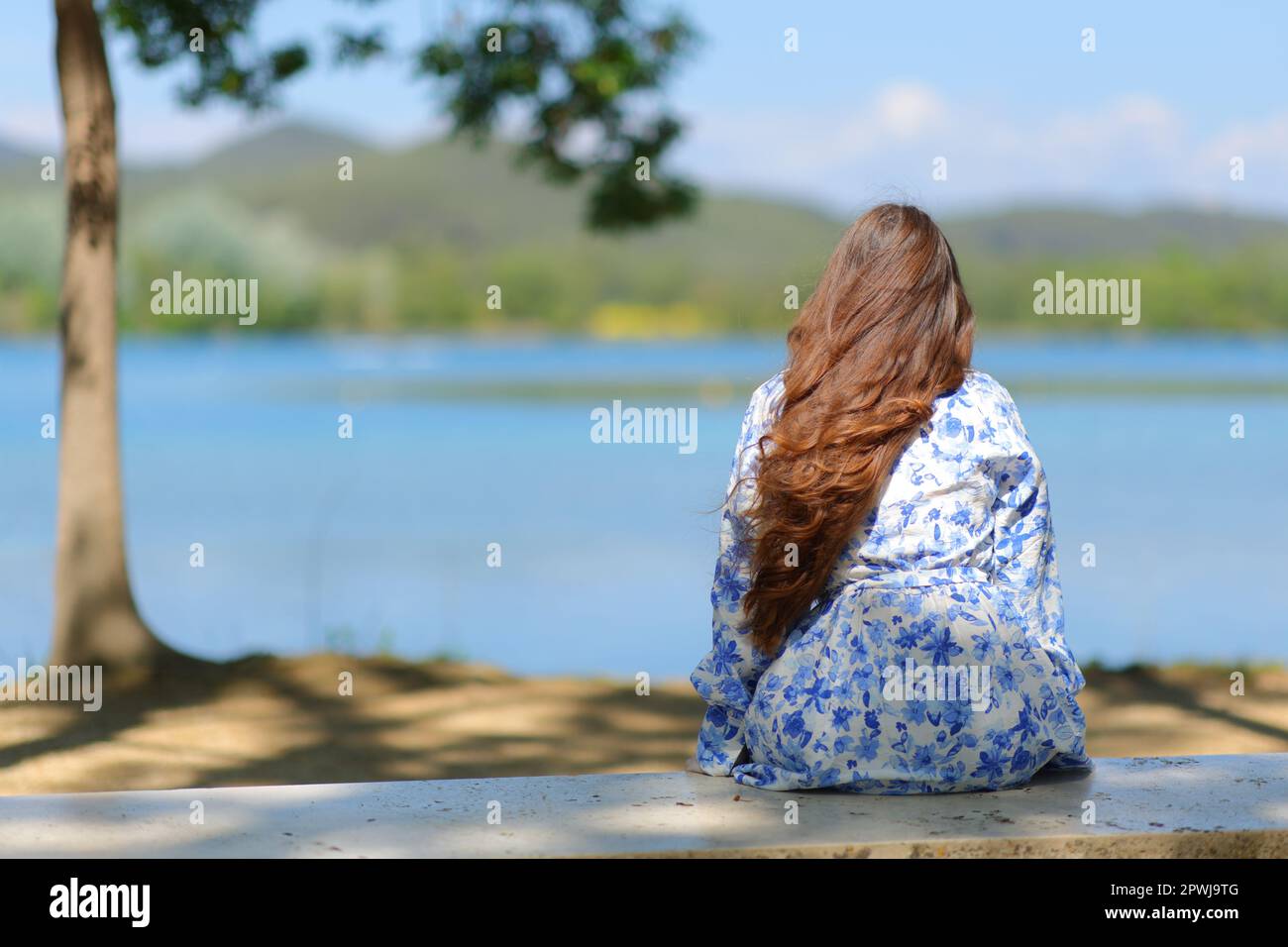 Back view portrait of a woman contemplating sitting on a bench in a lake Stock Photo
