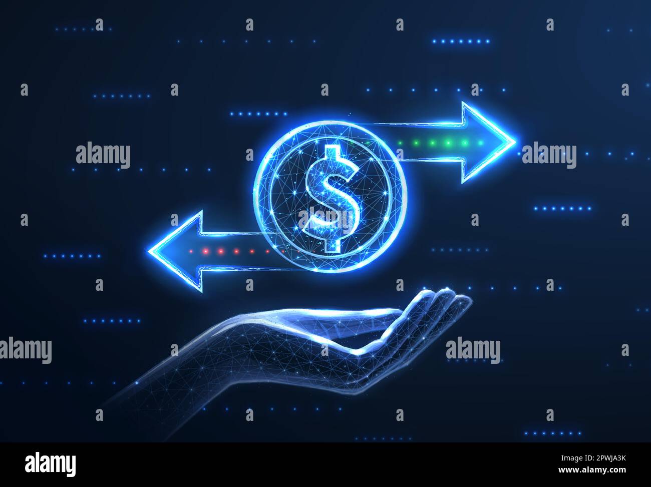 Coin and two right left arrows on hand. Financical service, Bank