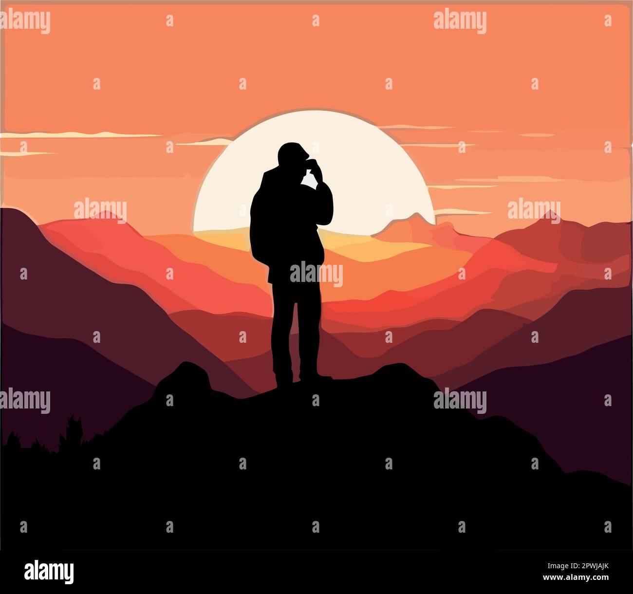 Standing man silhouette on mountain peak at sunrise Stock Vector Image ...