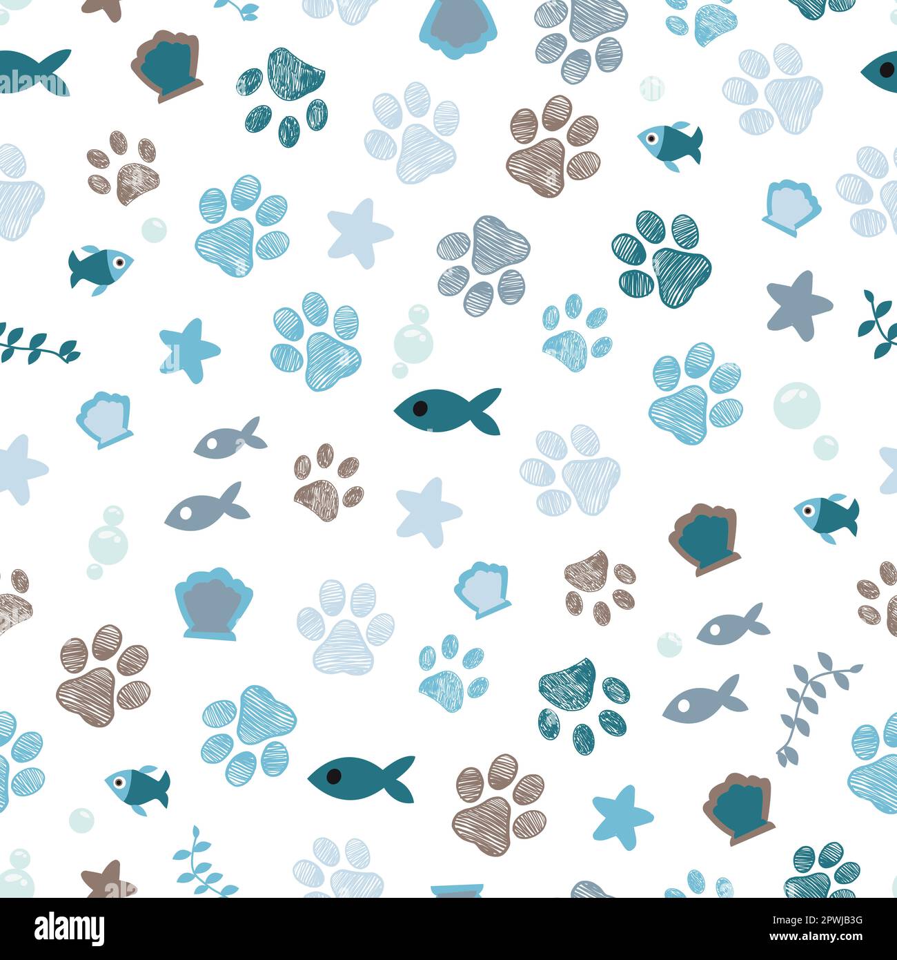 Marine summer time theme symbols with paw prints seamless fabric design ...