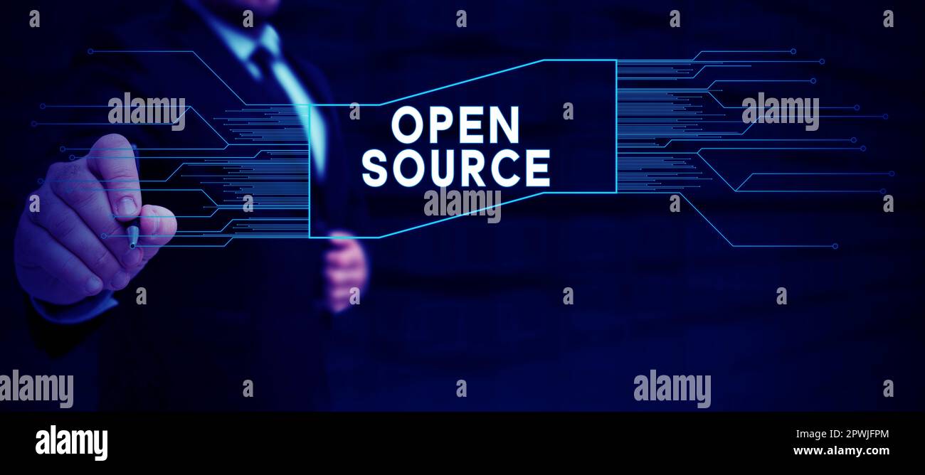 Sign displaying Open Source, Business overview denoting software which original source code freely available Stock Photo
