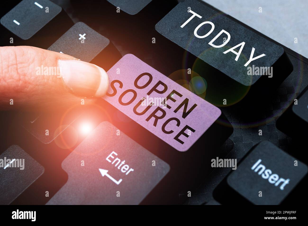 Handwriting text Open Source, Word for denoting software which original source code freely available Stock Photo