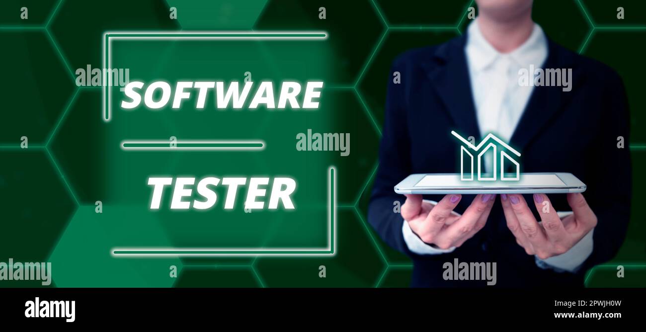 Conceptual caption Software Tester, Word for implemented to protect software against malicious attack Stock Photo