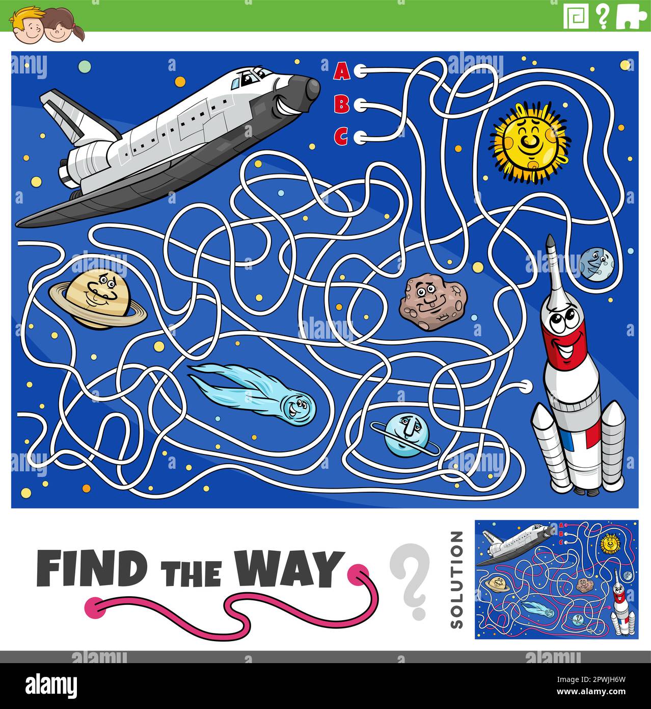 Cartoon illustration of find the way maze puzzle game with space shuttle and rocket characters