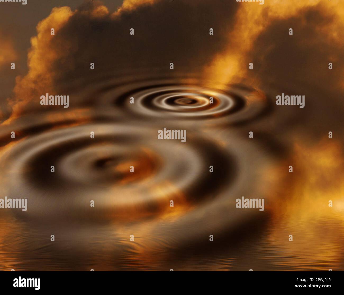 Closeup of orange psychedelic water ripple with dramatic storm sky and