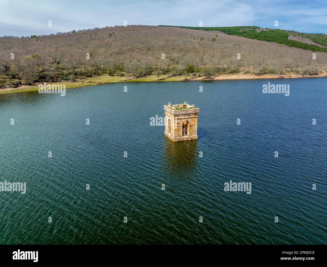 Cuerda del Pozo reservoir on the Duero river view of the bell tower of the church of La Muedra Soria province Stock Photo
