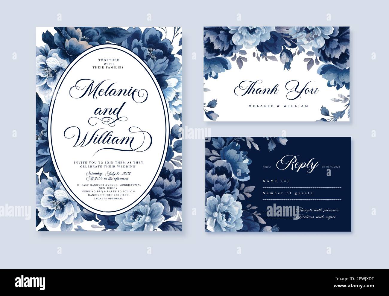 Watercolor Navy blue floral wedding invitation card template Stock ...