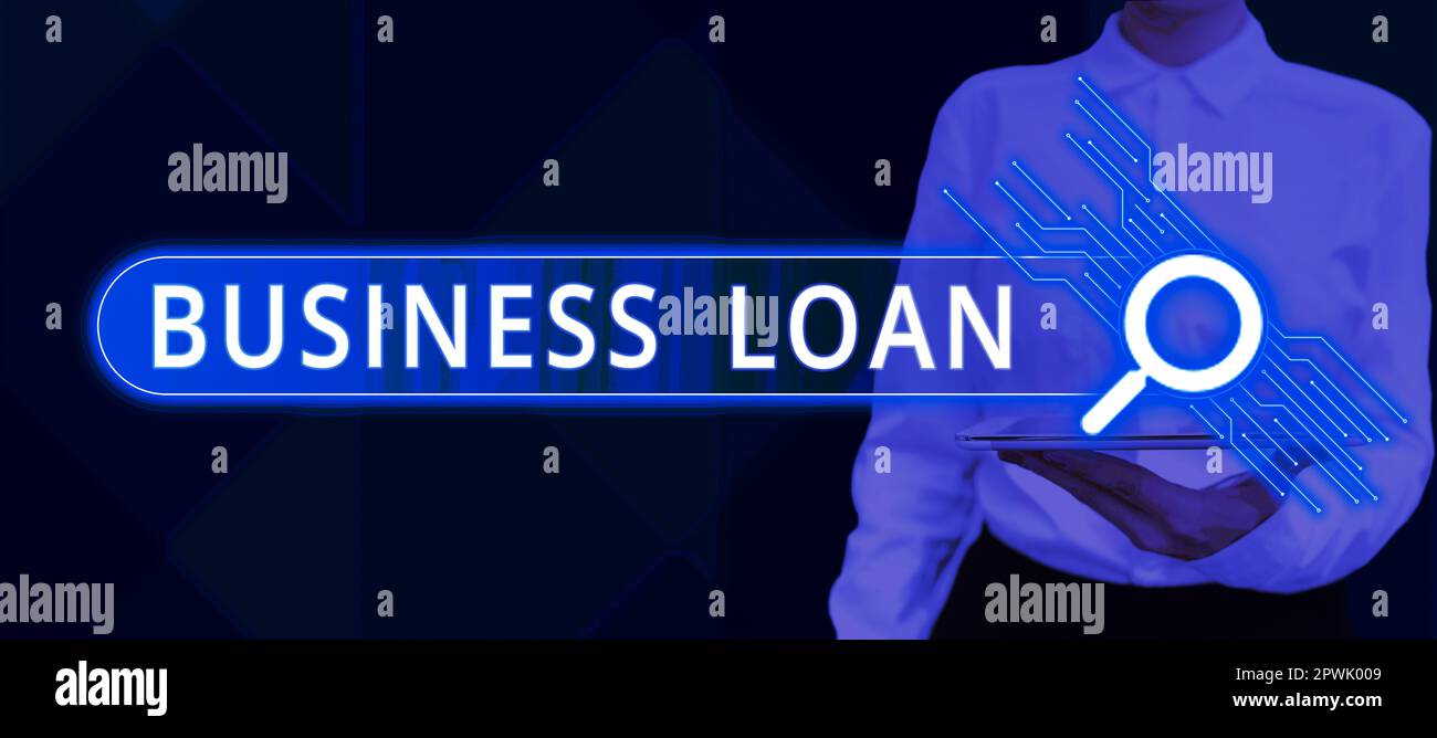 Hand writing sign Business Loan, Business overview Credit Mortgage Financial Assistance Cash Advances Debt Stock Photo