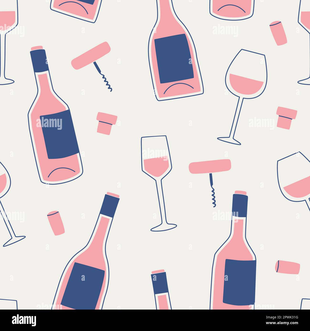 Vector seamless pattern with wine bottle, glass, corkscrew and corks. Print for design. Stock Vector
