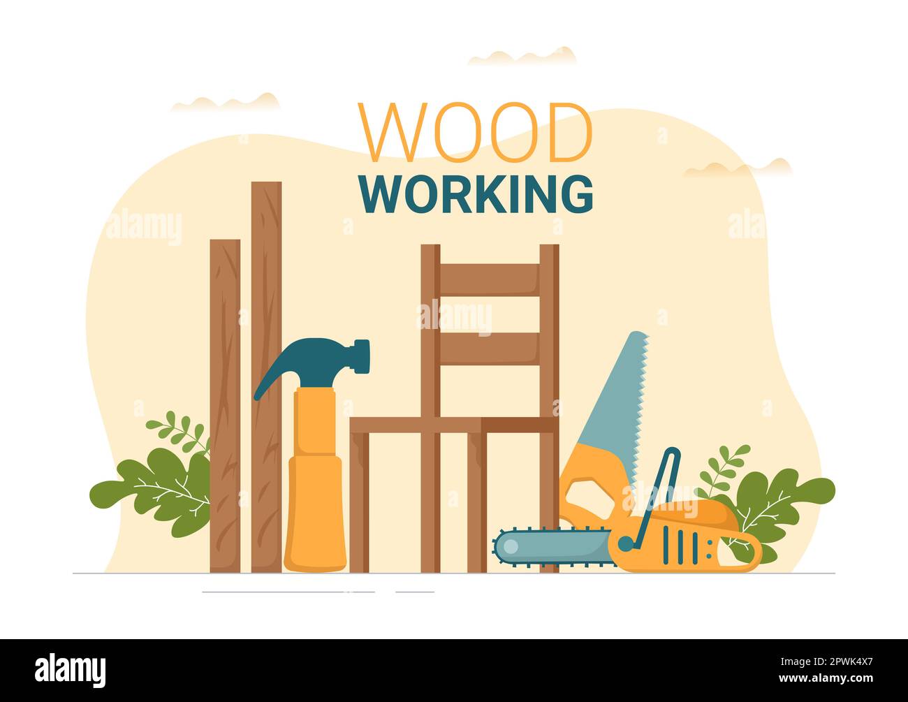 Woodworking with Wood Cutting by Modern Craftsman and Worker using