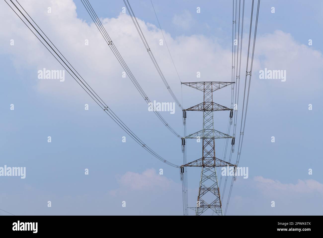 High voltage transmission towers line Stock Photo