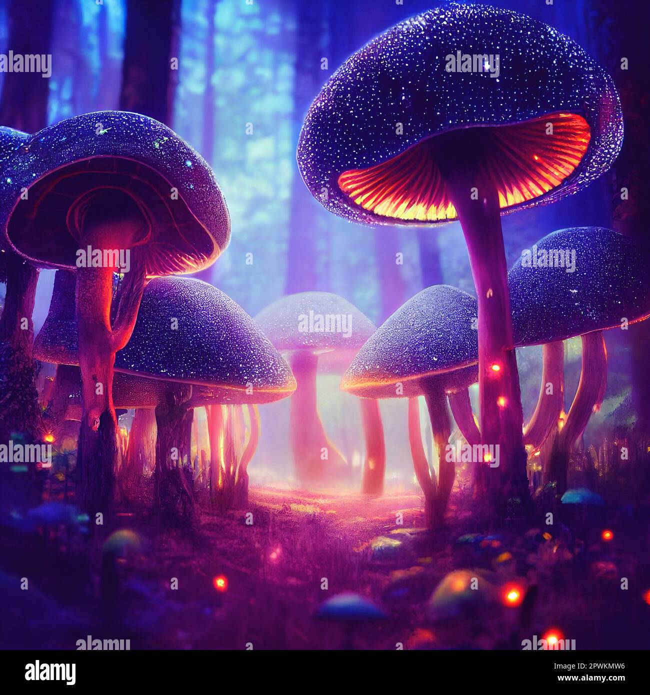 Fantasy magic mushrooms in neon light. 3D render illustration Stock