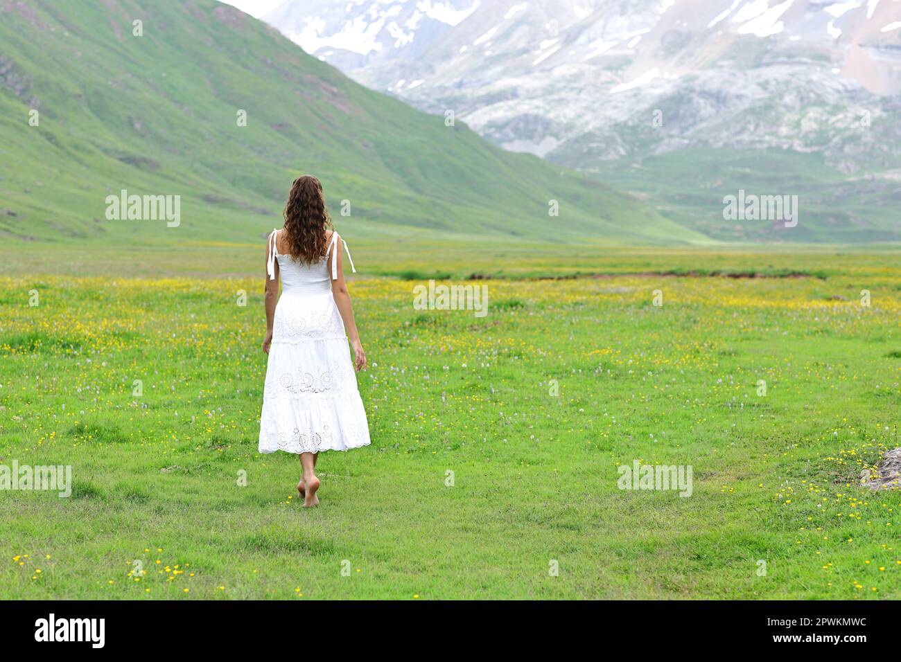 Back view of a woman in white dress walking in a green field in the ...