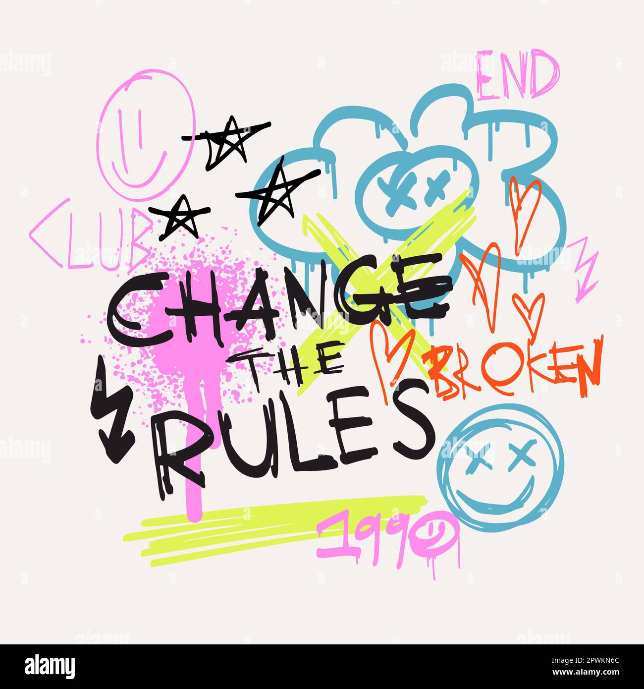 Urban typography slogan Change the Rules with spray effect. Street art graffiti print for t shirt or sweatshirt. Abstract graphic underground unisex design in bright neon colors Stock Vector