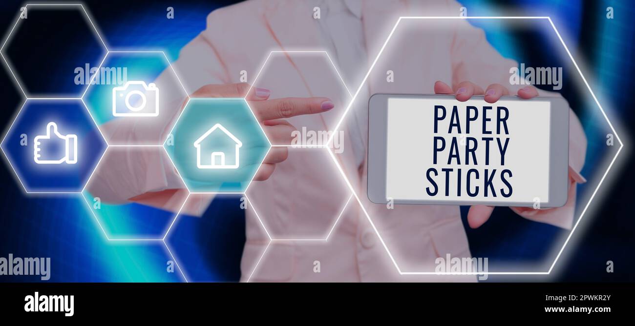 Text sign showing Paper Party Sticks, Concept meaning hard painted paper shaped used for signs and emoji Stock Photo