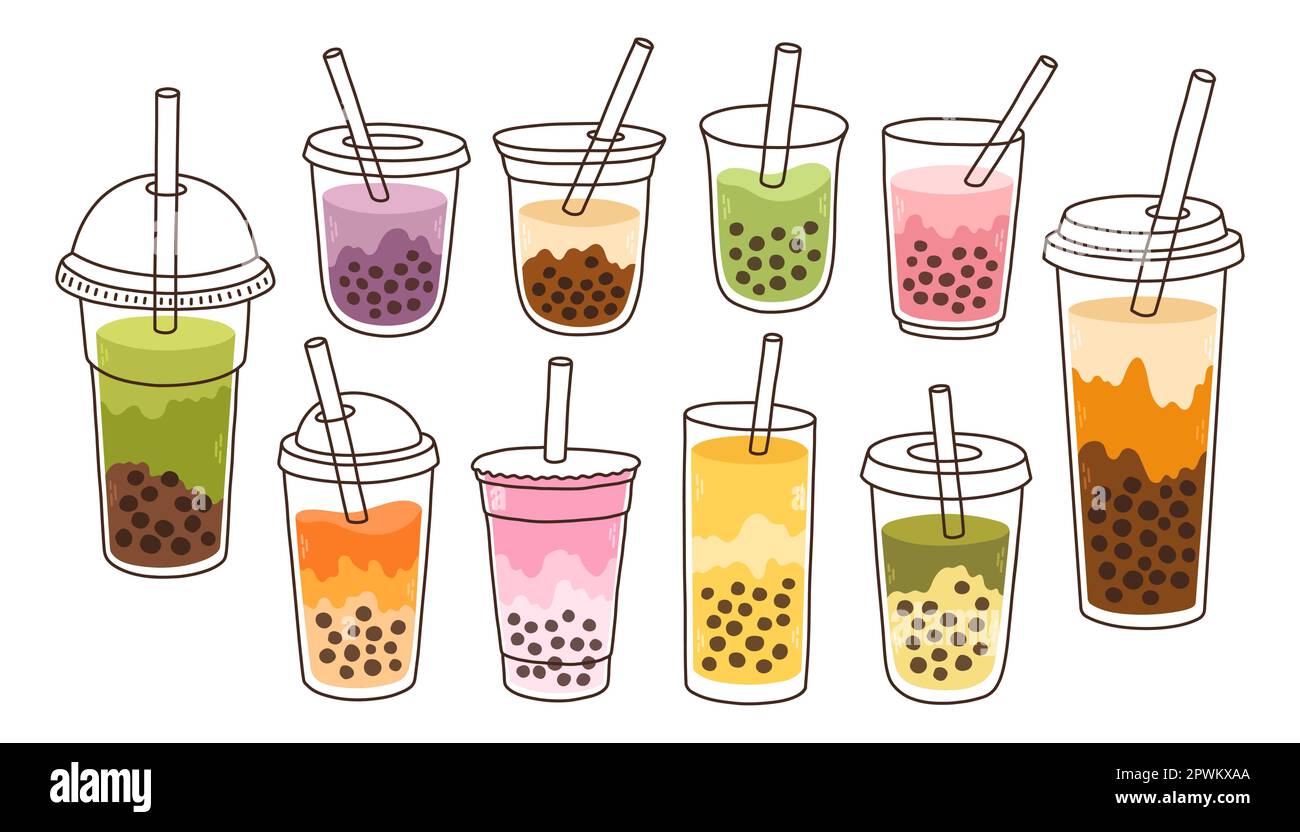 Bubble Milk Tea set. Milk tea with tapioca pearls. Boba tea. Asian