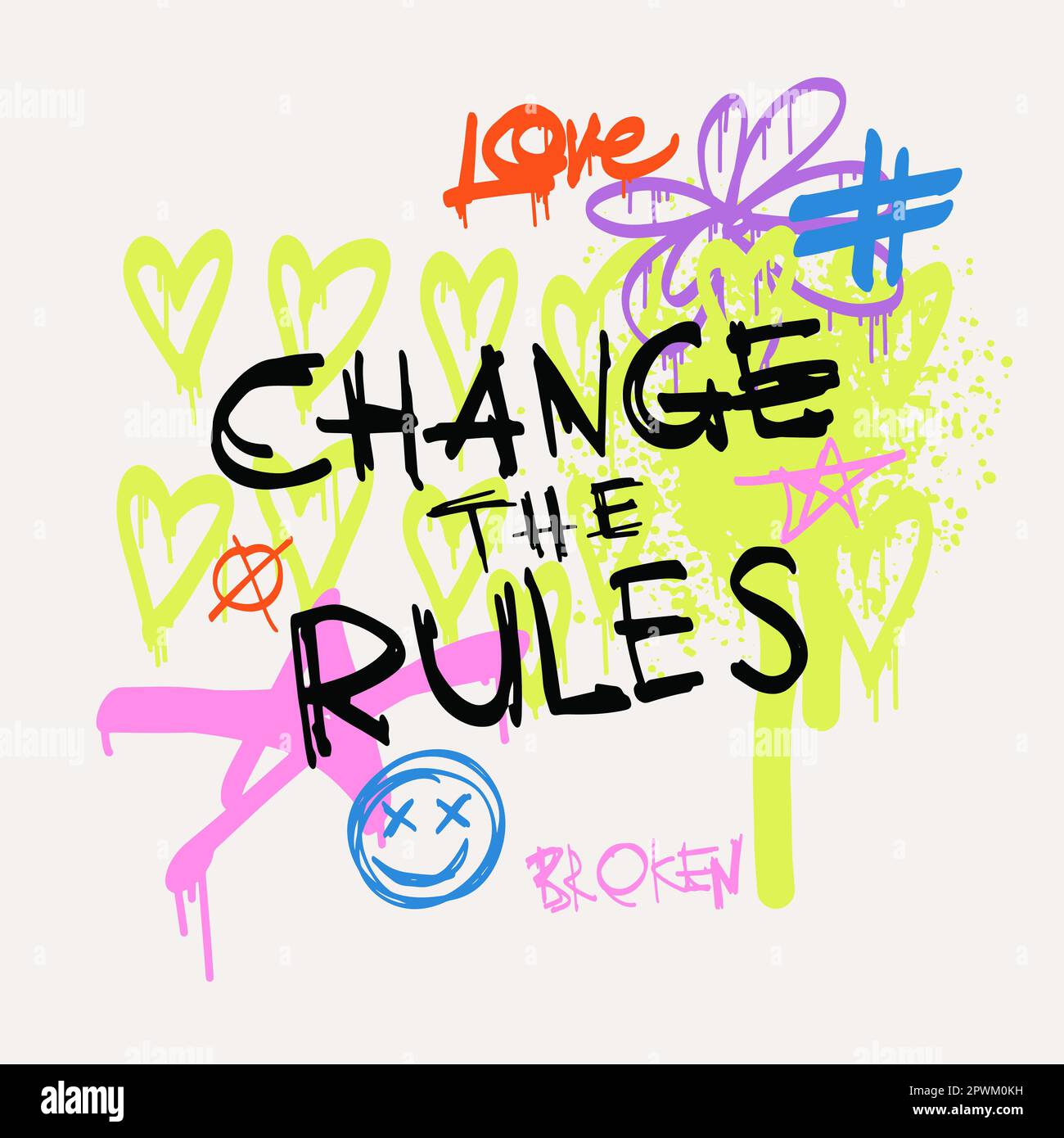 Urban typography slogan Change the Rules with spray effect. Street art graffiti print for t shirt or sweatshirt. Abstract graphic underground unisex design in bright neon colors Stock Vector