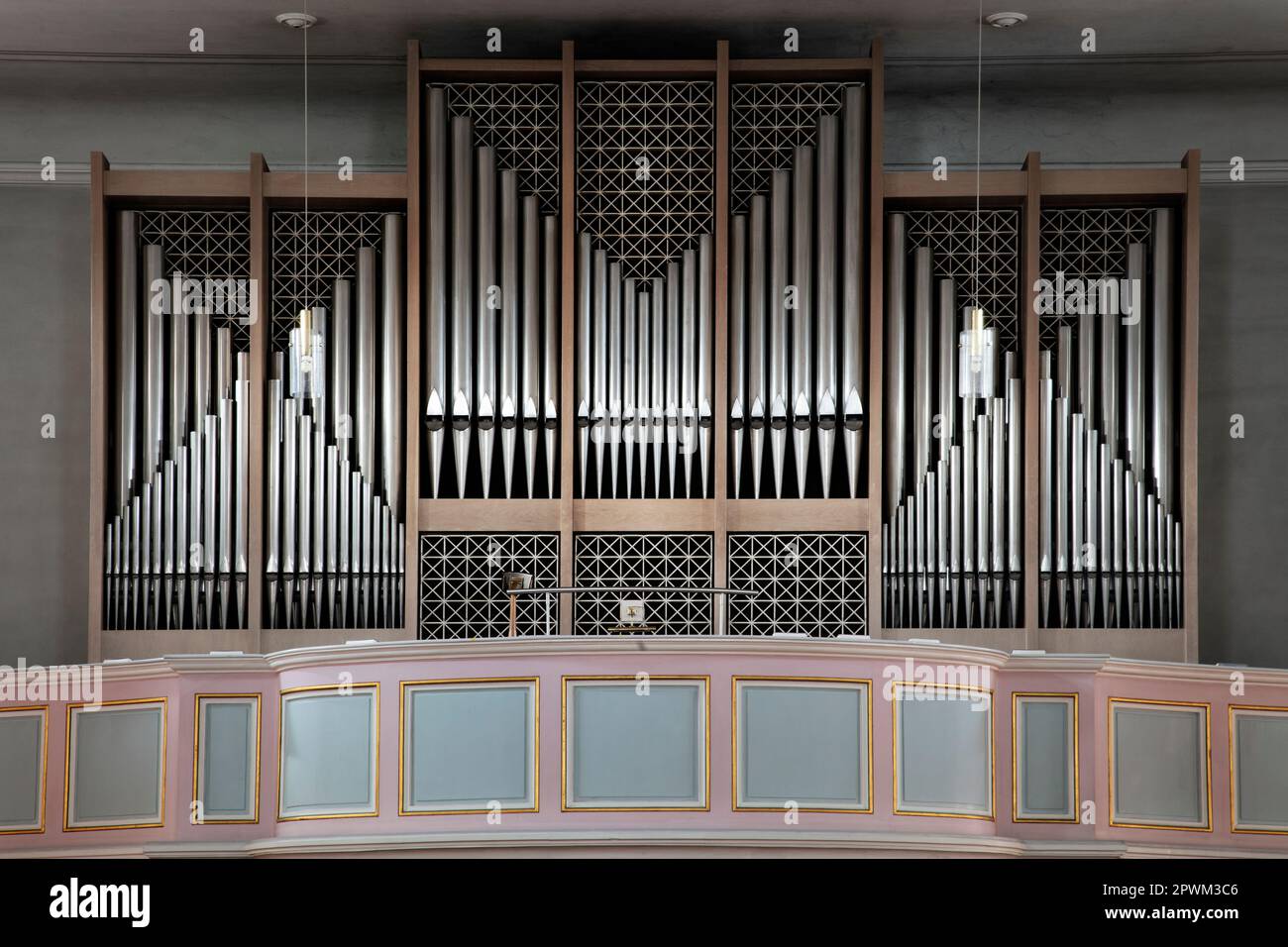 Modern organ of the parish church of St. Mauritius, Alsweiler, Saarland, Germany Stock Photo