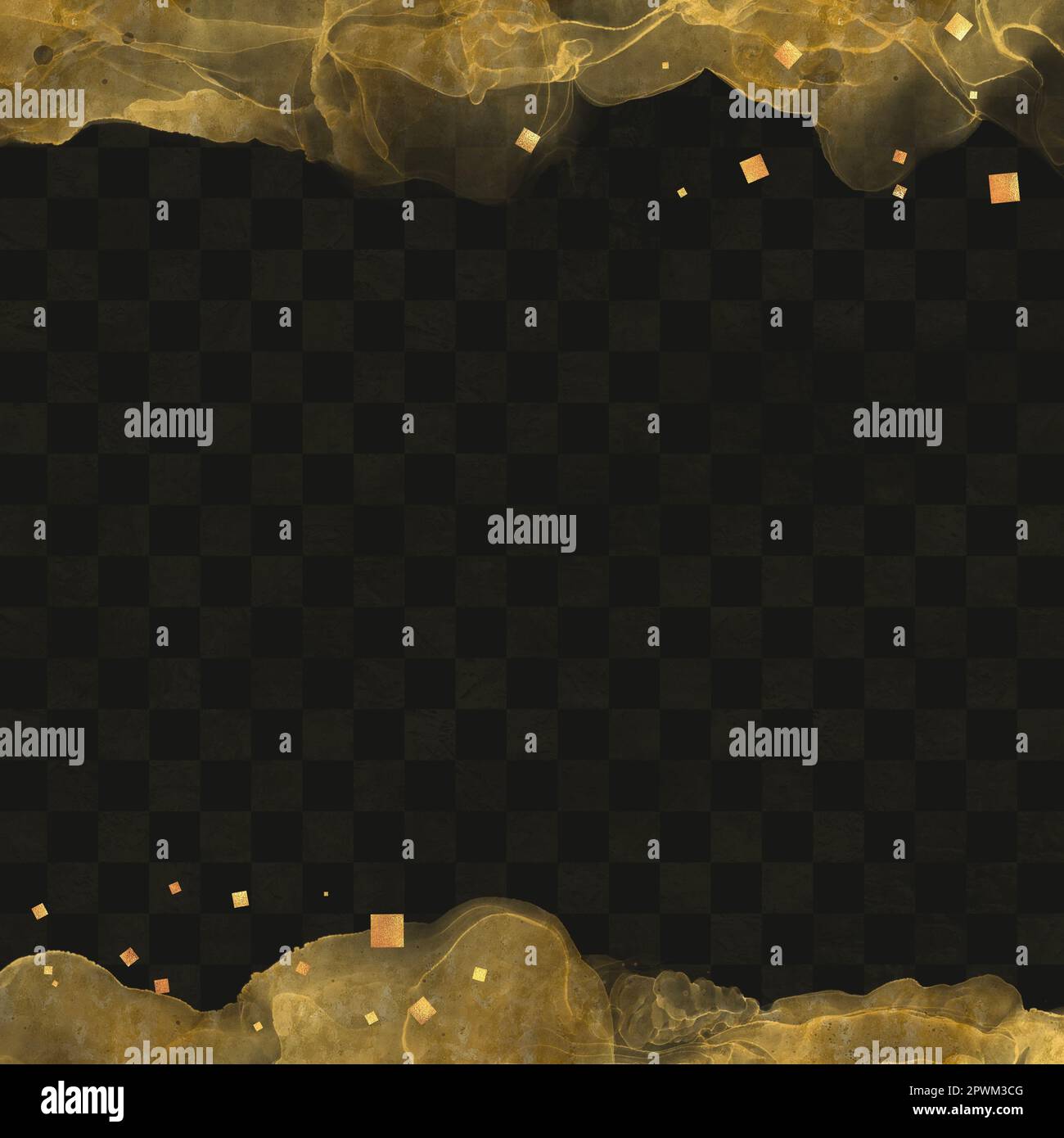 Japanese style square banner. Gold alcohol ink art and glitter on black checkered Japanese background. Modern frame. Festive template with space for t Stock Photo